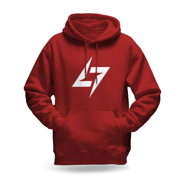 Raverge men's red hoodie with the Raverge logo, premium streetwear for men.
