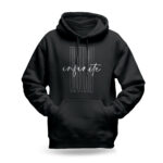 Raverge Infinite Now men's black hoodie with minimalist futuristic typography inspired by the Eternal Now theory.