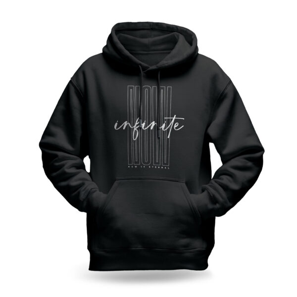 Raverge Infinite Now men's black hoodie with minimalist futuristic typography inspired by the Eternal Now theory.