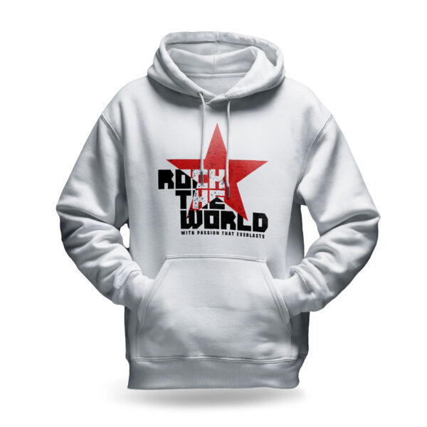 Raverge men's white hoodie with "Rock the World" red star design.