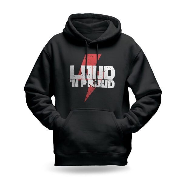 Raverge men's black hoodie featuring Loud 'N Proud design with bold typography and rebellious rocker spirit.