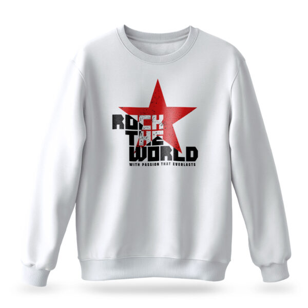 Raverge men's Rock the World white sweatshirt with red star graphic, designed for rockers