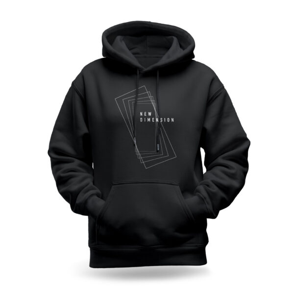 Raverge women's black hoodie with a stylish 'New Dimension' design featuring futuristic graphics and modern typography.