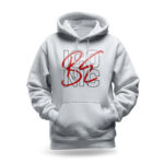 Raverge women's white hoodie with "Be Iconic" text design.