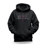 Raverge women's black hoodie with "Amour" text and stylish heart design.