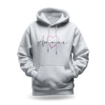 Raverge women's white hoodie with "Amour" text and stylish heart design.