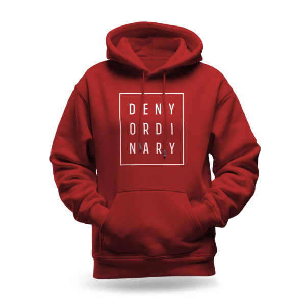 Raverge women's red hoodie with "Deny Ordinary" text design.