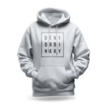 Raverge women's white hoodie with "Deny Ordinary" text design.