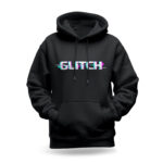 Raverge women's black hoodie with "Glitch" design for gamers and sci-fi fans.