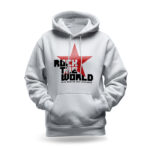 Raverge women's white hoodie featuring "Rock the World" design with a bold red star, perfect for rockers.