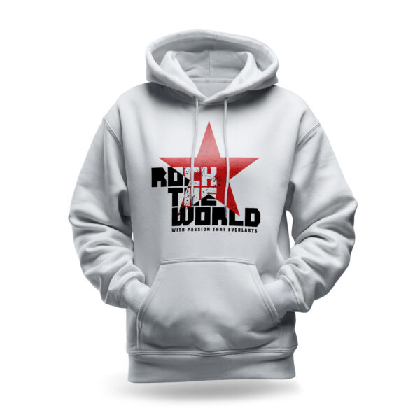 Raverge women's white hoodie featuring "Rock the World" design with a bold red star, perfect for rockers.