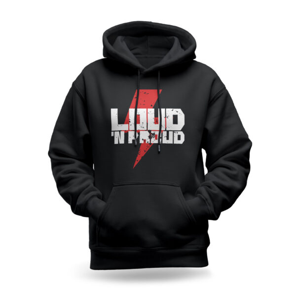Raverge women's black hoodie featuring "Loud 'N Proud" design with bold white text and a red lightning bolt for rockers.