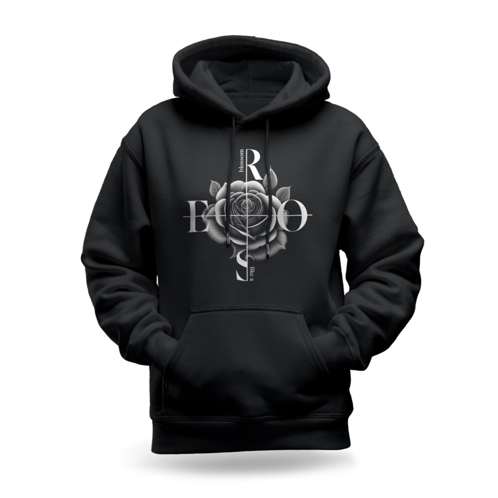 Raverge women's black hoodie titled Black Rose with a rose design, combining elegance and boldness for a striking look.