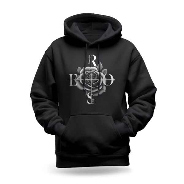 Raverge women's black hoodie titled Black Rose with a rose design, combining elegance and boldness for a striking look.