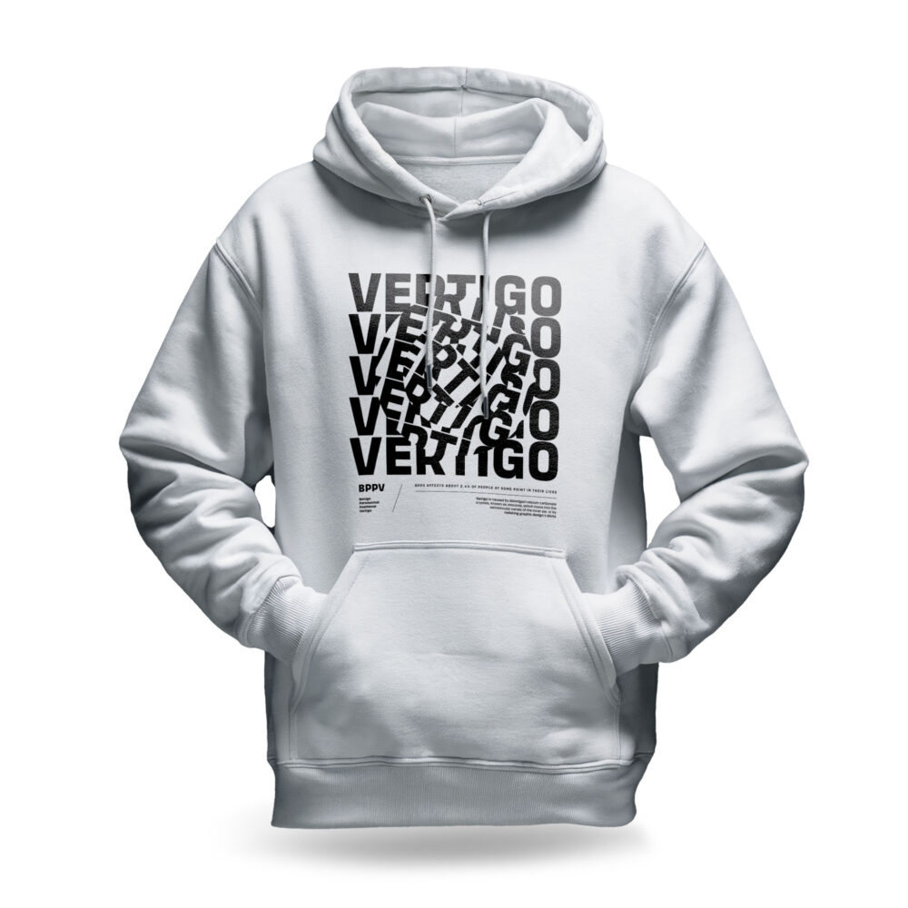 Raverge men's white hoodie Vertigo spinning typography dizzying streetwear design