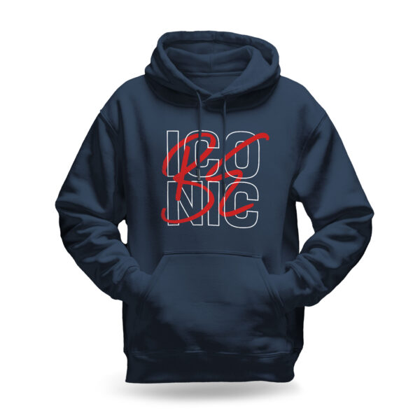 Raverge men's navy hoodie Be Iconic bold statement typography streetwear design
