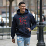 Raverge men's navy hoodie Be Iconic worn by model bold typography confident streetwear style