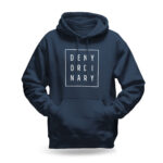 Raverge men's navy hoodie Deny Ordinary bold slogan minimalist streetwear design