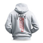 Raverge men's white hoodie Verge of Breakthrough bold graphic streetwear back design