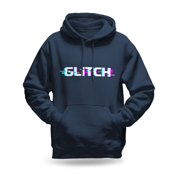Raverge men's navy hoodie Glitch design with distorted typography digital glitch effect