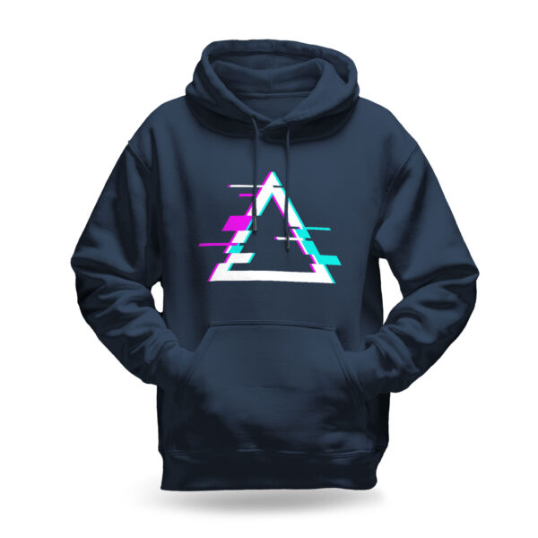 Raverge Apex men's navy hoodie with glitched triangle graphic for gamers and sci-fi fans.