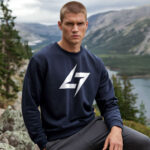 Model wearing men’s Raverge navy sweatshirt with minimalist Raverge logo design