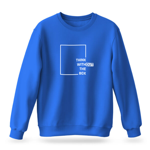 Raverge men's Think Without the Box blue sweatshirt with creative typography design