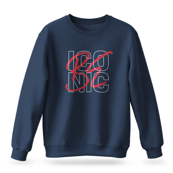 Raverge men's Be Iconic navy sweatshirt with bold, empowering typography