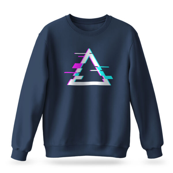 Raverge men's Apex navy sweatshirt with glitched triangle graphic.