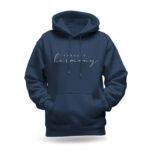 Raverge women's navy hoodie featuring 'Embrace Harmony' text in stylish script.