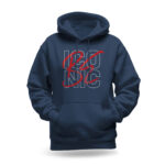Raverge women's navy hoodie with "Be Iconic" text design.