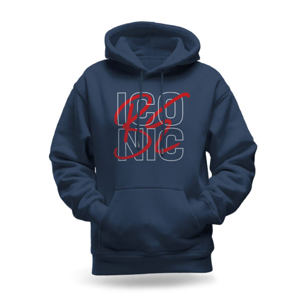 Raverge women's navy hoodie with "Be Iconic" text design.