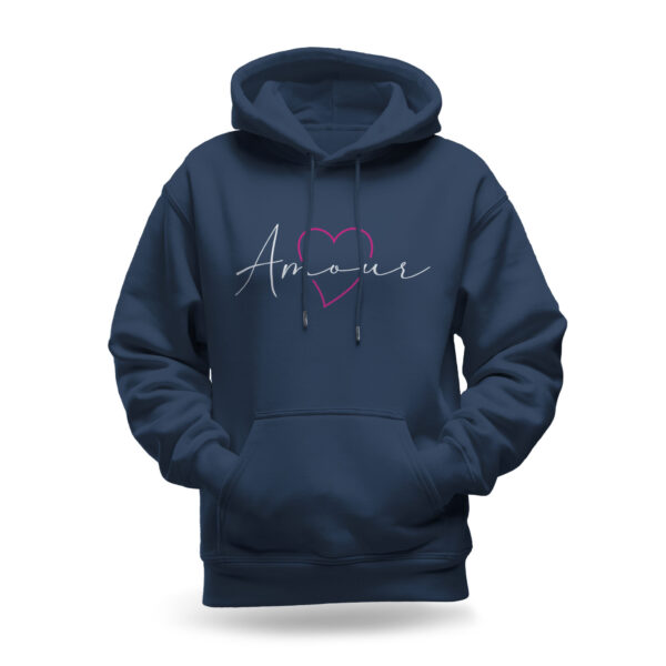 Raverge women's navy hoodie with "Amour" text and stylish heart design.