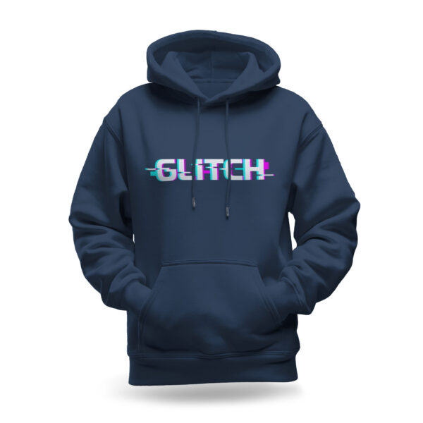 Raverge women's navy hoodie with "Glitch" design for gamers and sci-fi fans.