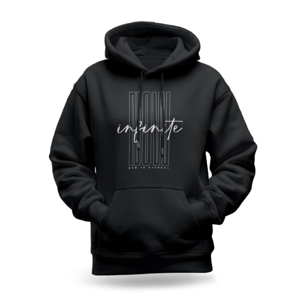 Raverge women's black hoodie with "Infinite Now" design inspired by the Eternal Now theory.