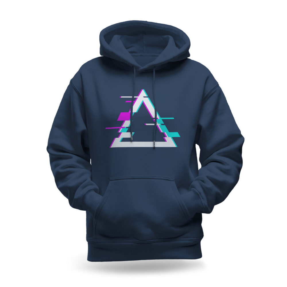 Raverge women's navy hoodie titled Apex with sharp futuristic design, perfect for gamers and sci-fi fans.