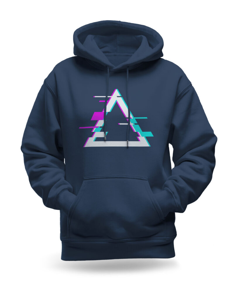 Raverge women's navy hoodie titled Apex with sharp futuristic design, perfect for gamers and sci-fi fans.