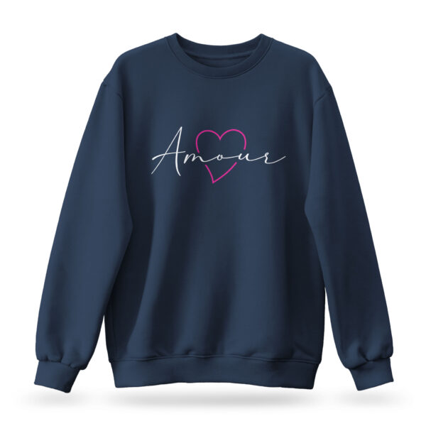 Raverge women's navy sweatshirt Amour with stylish script and pink heart