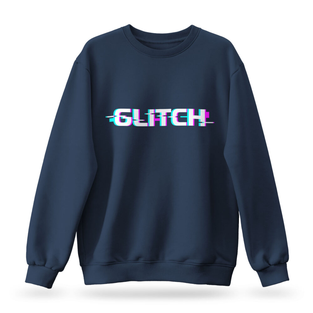 Glitched text design on Raverge women's navy sweatshirt, perfect for gamers and sci-fi fans.