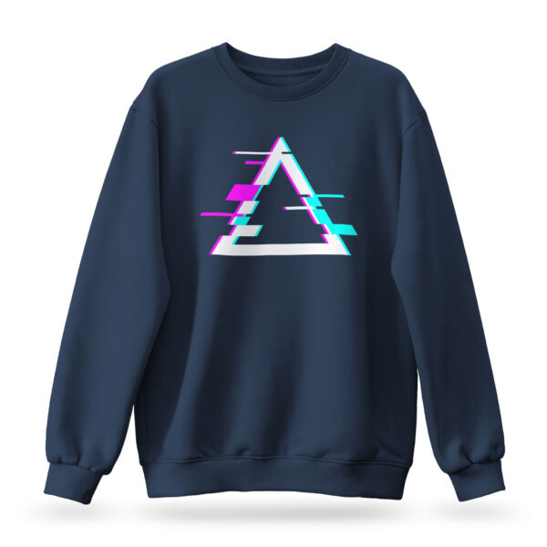 Raverge 'Apex' women's navy sweatshirt with a glitched triangle graphic, perfect for gamers and sci-fi fans.